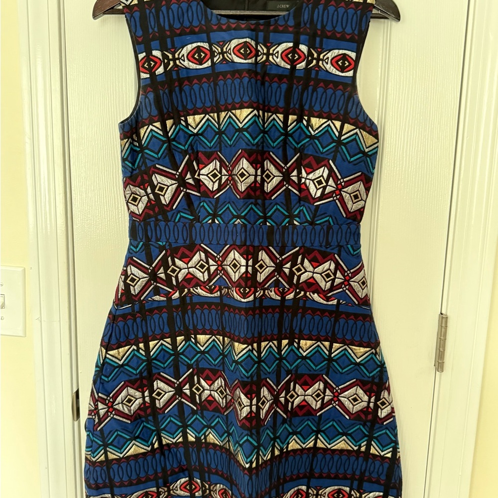 J. Crew Blue and Red Geometric Midi Dress